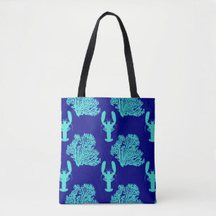 Turquoise Navy Lobster Coastal Pattern Tote Bag