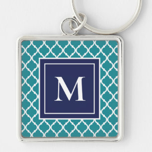 Turquoise Navy Modern Monogram Quatrefoil Coastal Key Ring