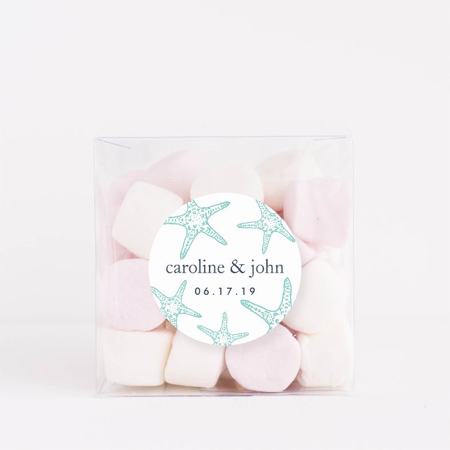 Turquoise & Navy Starfish Personalised Wedding Classic Round Sticker (Creator Uploaded)