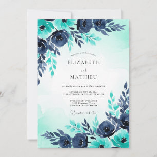 Turquoise Navy Watercolor Winter Wedding Invitation