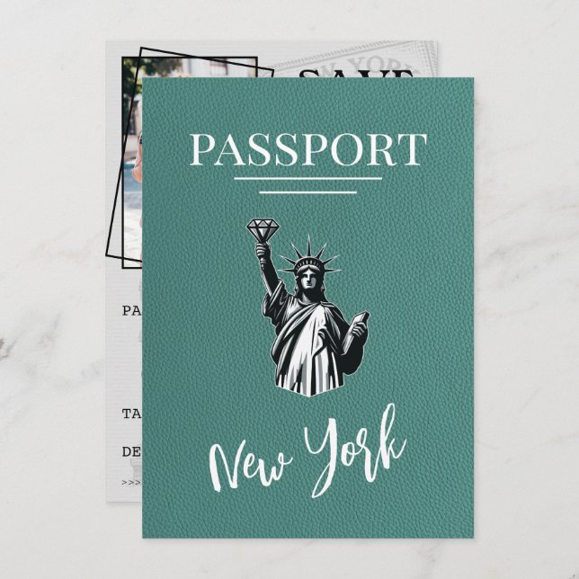 Turquoise New York City Passport Save The Date (Front/Back)