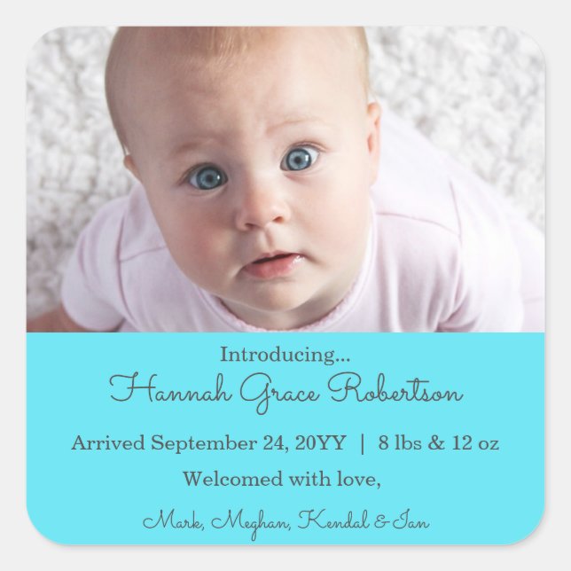 Turquoise Newborn Baby Photo Birth Announcement  Square Sticker (Front)