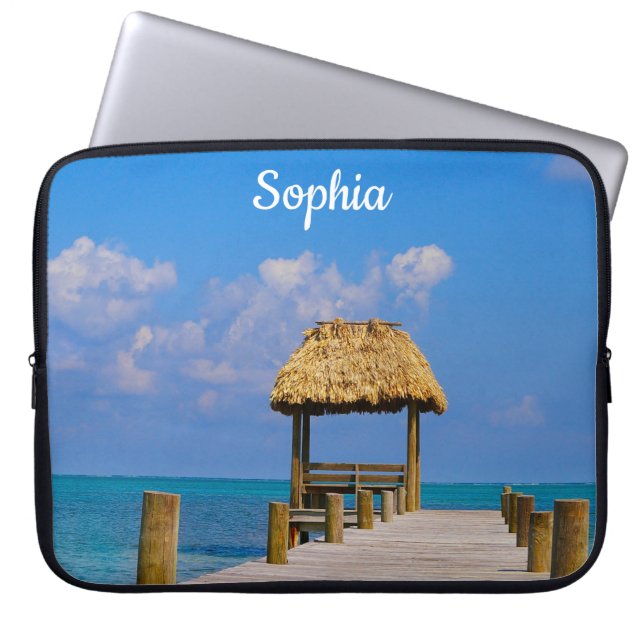 Turquoise Ocean and Dock with Name Personalisation Laptop Sleeve (Front)