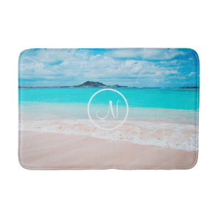 Turquoise ocean sandy beach photo custom monogram bath mat