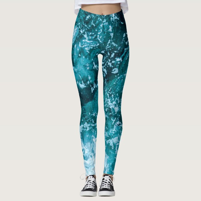 Turquoise Ocean Sea Waves Pattern Leggings (Front)