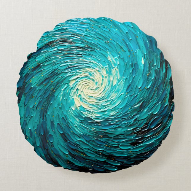 Turquoise Ocean Vortex Abstract Round Cushion (Front)