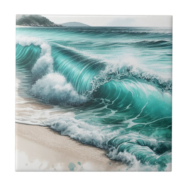 Turquoise Ocean Wave Ceramic Tile (Front)