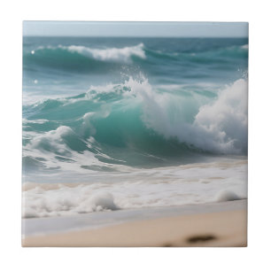 Turquoise Ocean Wave Crashing Shore Ceramic Tile