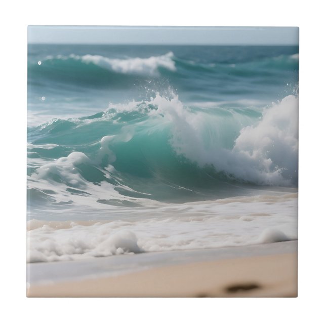 Turquoise Ocean Wave Crashing Shore Ceramic Tile (Front)