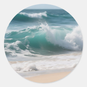 Turquoise Ocean Wave Crashing Shore Classic Round Sticker