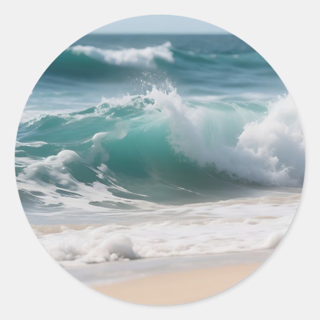 Turquoise Ocean Wave Crashing Shore Classic Round Sticker (Front)