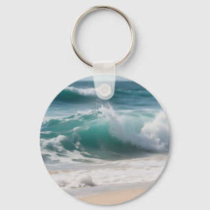 Turquoise Ocean Wave Crashing Shore Key Ring