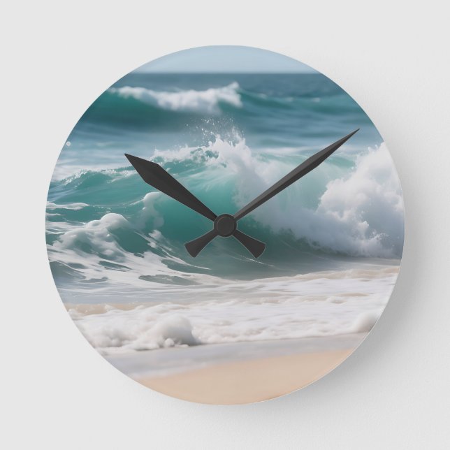 Turquoise Ocean Wave Crashing Shore Round Clock (Front)