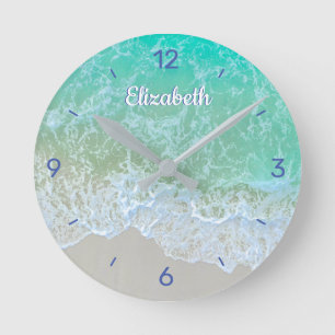 Turquoise Ocean Wave, DIY Name or Monogram, Blue Round Clock