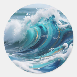 Turquoise Ocean Wave Golden Swirl Classic Round Sticker