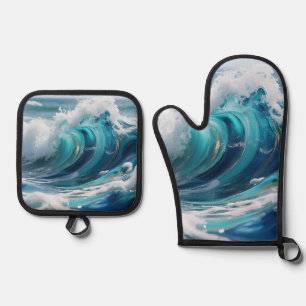 Turquoise Ocean Wave Golden Swirl Oven Mitt & Pot Holder Set