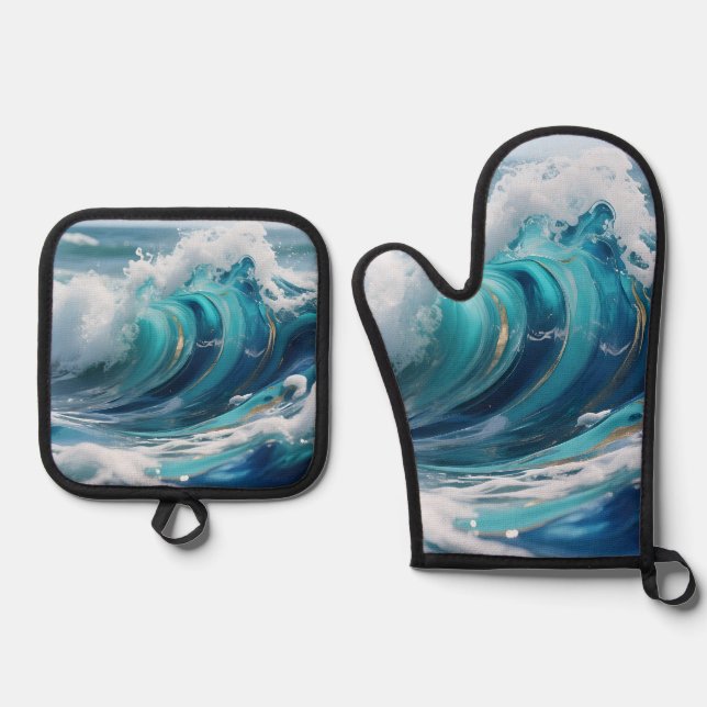 Turquoise Ocean Wave Golden Swirl Oven Mitt & Pot Holder Set (Front)
