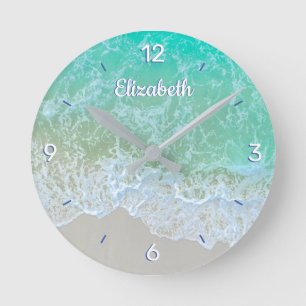 Turquoise Ocean Wave, Personalise Name or Monogram Round Clock
