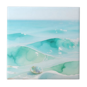 Turquoise Ocean Wave Seashell Ceramic Tile