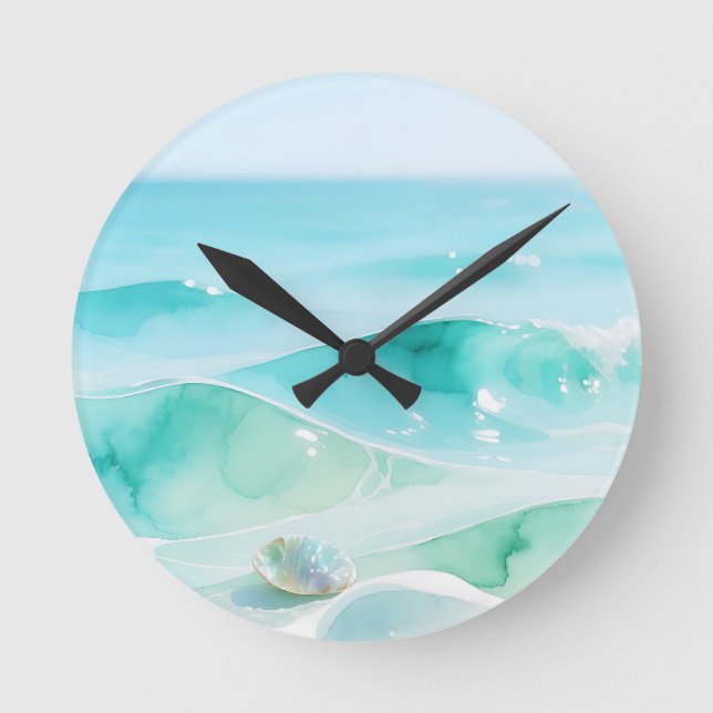 Turquoise Ocean Wave Seashell Round Clock (Front)