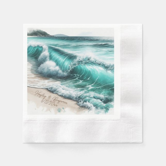 Turquoise Ocean Waves Personalised Wedding Napkin (Front)