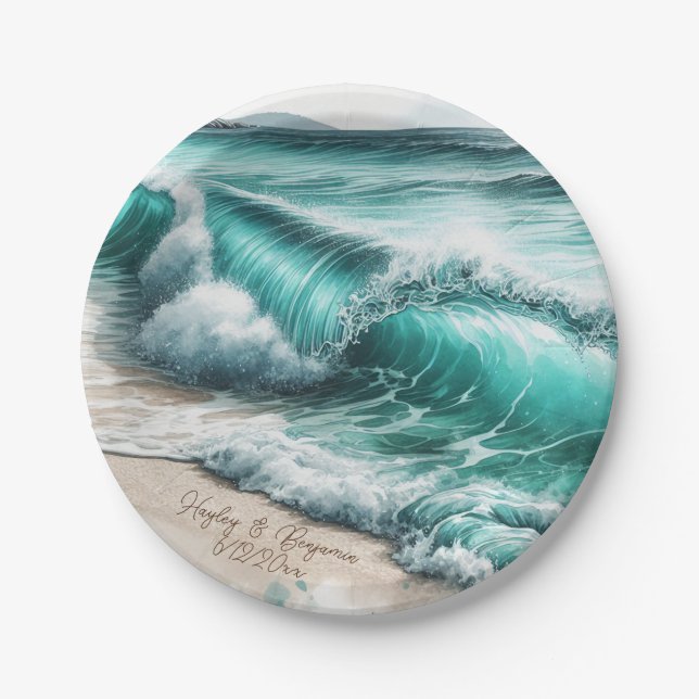 Turquoise Ocean Waves Personalised Wedding Paper Plate (Front)