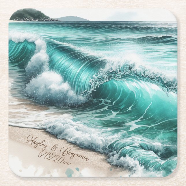 Turquoise Ocean Waves Personalised Wedding Square Paper Coaster (Front)