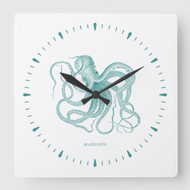 Turquoise octopus and numerals on white monogram square wall clock (Front)