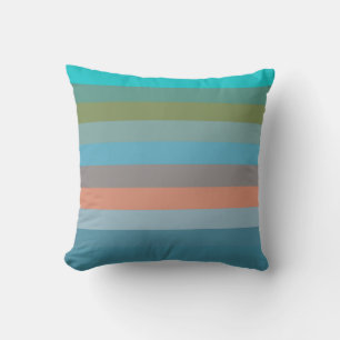 Turquoise, Olive, Coral, Blue, Taupe Stripes Cushion