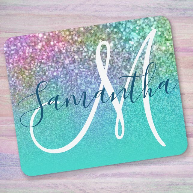 Turquoise Ombre Colourful Mermaid Glitter Monogram Mouse Pad (Creator Uploaded)