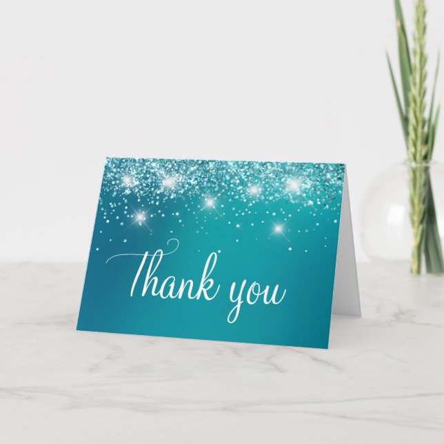 Turquoise Ombre Faux Glitter 40th Birthday Thank You Card (Front)