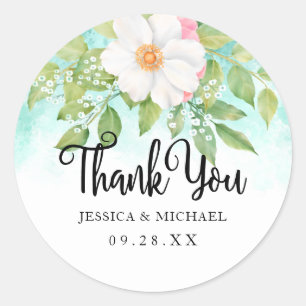 Turquoise Ombre Floral Anemone Wedding Thank You Classic Round Sticker
