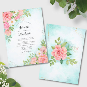 Turquoise Ombre Floral Watercolor Rose Wedding Invitation