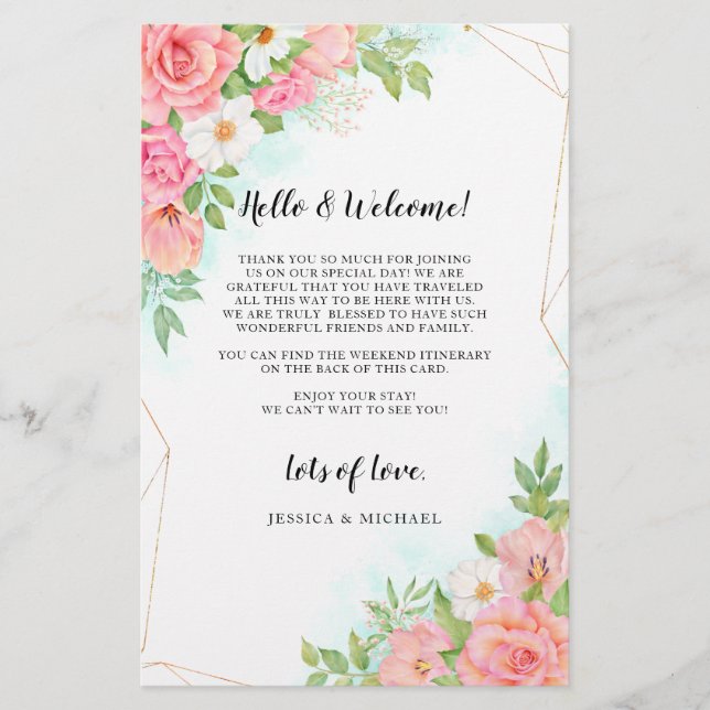 Turquoise Ombre Floral Wedding Welcome Itinerary (Front)