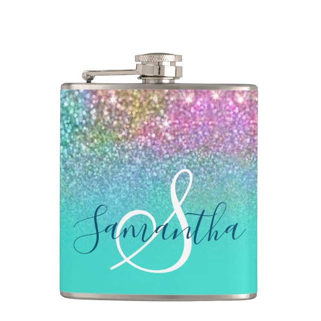 Turquoise Ombre Mermaid Bokeh Glitter Hip Flask (Front)