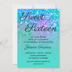Turquoise Ombre Mermaid Glitter Sweet Sixteen Invitation