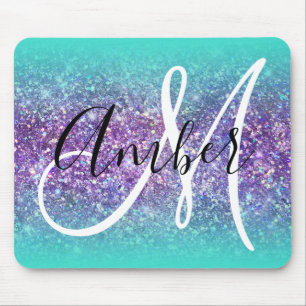 Turquoise Ombre Purple Glam Glitter Monogram Mouse Pad