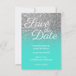 Turquoise Ombre Silver Glitter Save the Date Invitation