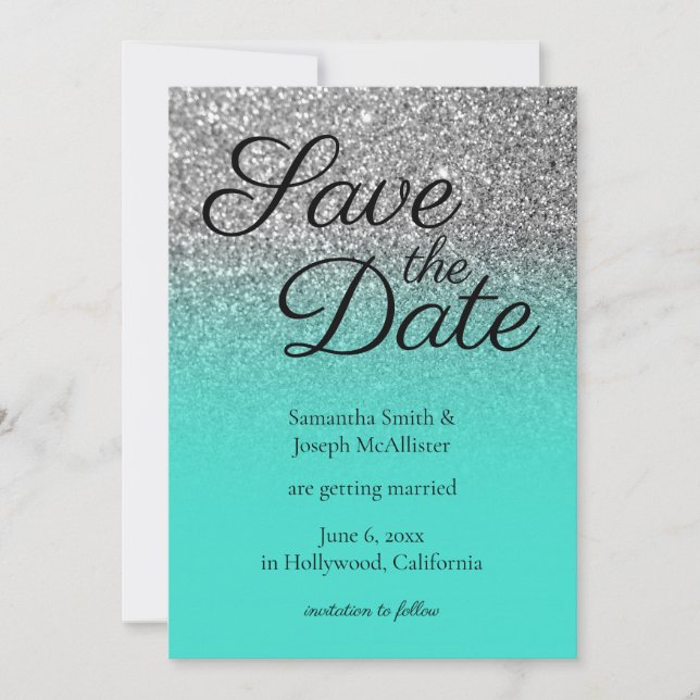 Turquoise Ombre Silver Glitter Save the Date Invitation (Front)