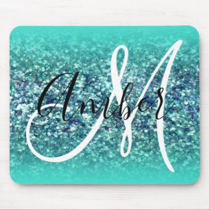 Turquoise Ombre Teal Blue Glam Glitter Monogram Mouse Pad