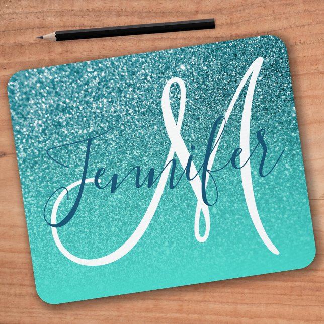 Turquoise Ombre Teal Faux Glitter Monogram Mouse Pad (Creator Uploaded)