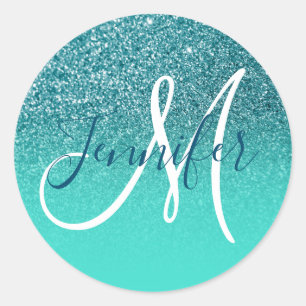 Turquoise Ombre Teal Faux Glitter Monogrammed Classic Round Sticker