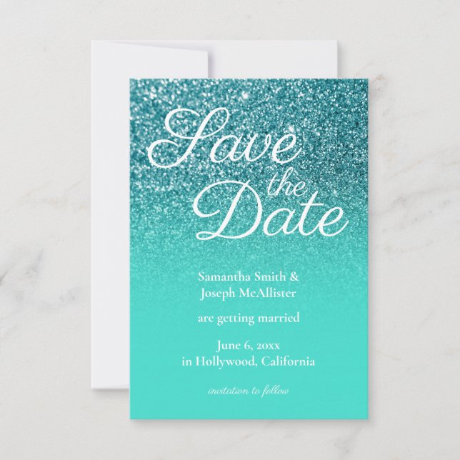 Turquoise Ombre Teal Glitter Save the Date Invitation (Front)