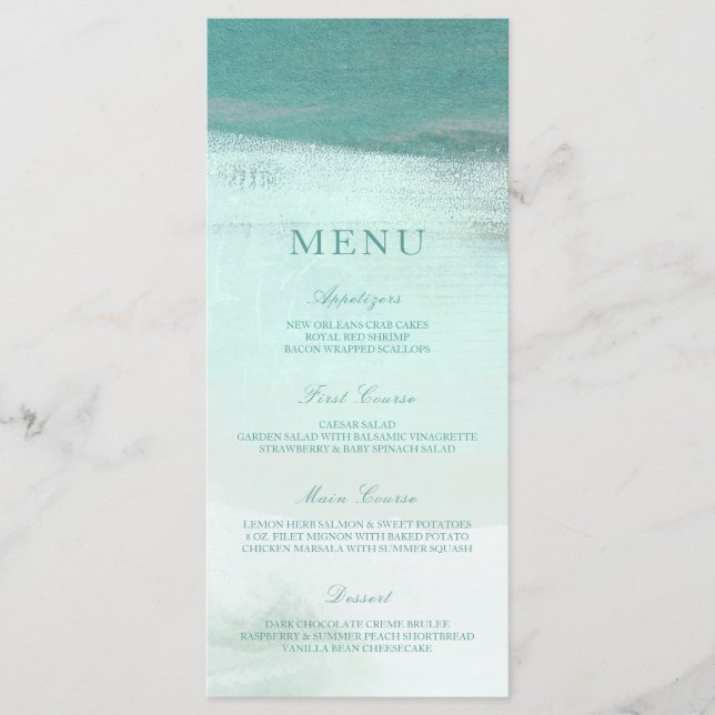Turquoise Ombre Watercolor Beach Wedding Menu (Front)