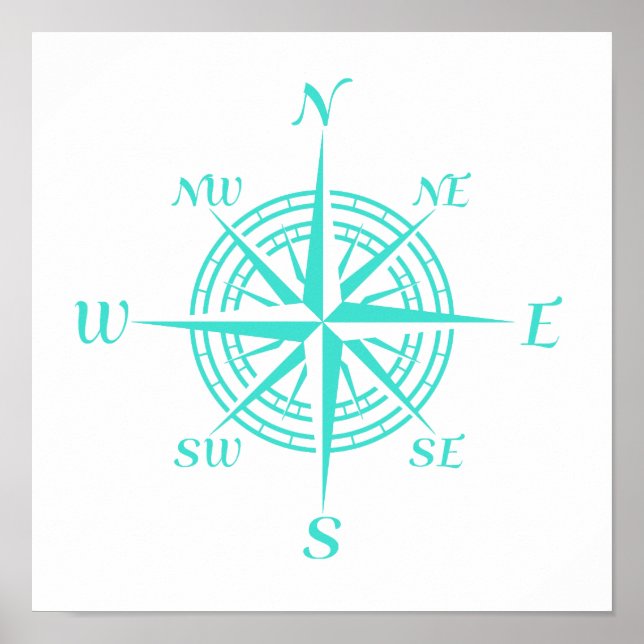 Turquoise On White Coastal Decor Compass Rose (Front)
