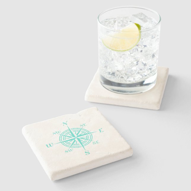 Turquoise On White Coastal Decor Compass Rose Stone Coaster (Side)