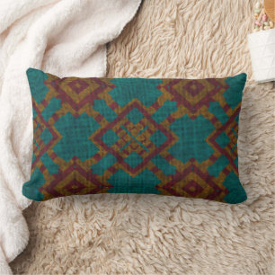 Turquoise orange and red textured geometric lumbar cushion