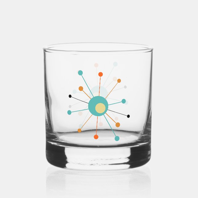 Turquoise Orange Atomic Age Starburst Mid Century Whiskey Glass (Front)