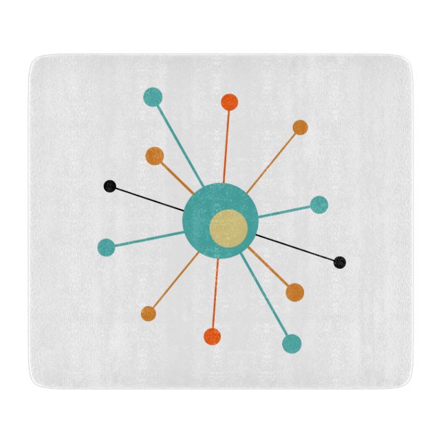 Turquoise Orange Atomic Era Starburst Mid Century Cutting Board (Front)