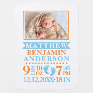 Turquoise Orange Baby BOY Birth Stats PHOTO Baby Blanket